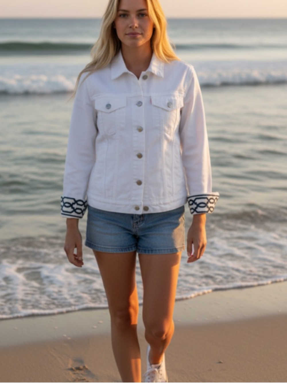 Levi's White Denim Jacket with Navy Embroidered Cuffs